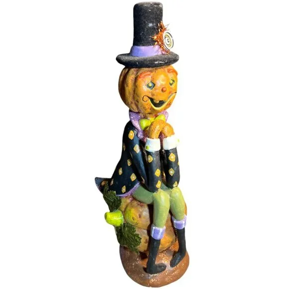 Folk Art Pumpkin Figurine Halloween Flocked Hat Whimsical Suit 12.5" tall x 6" d - Picture 2 of 16